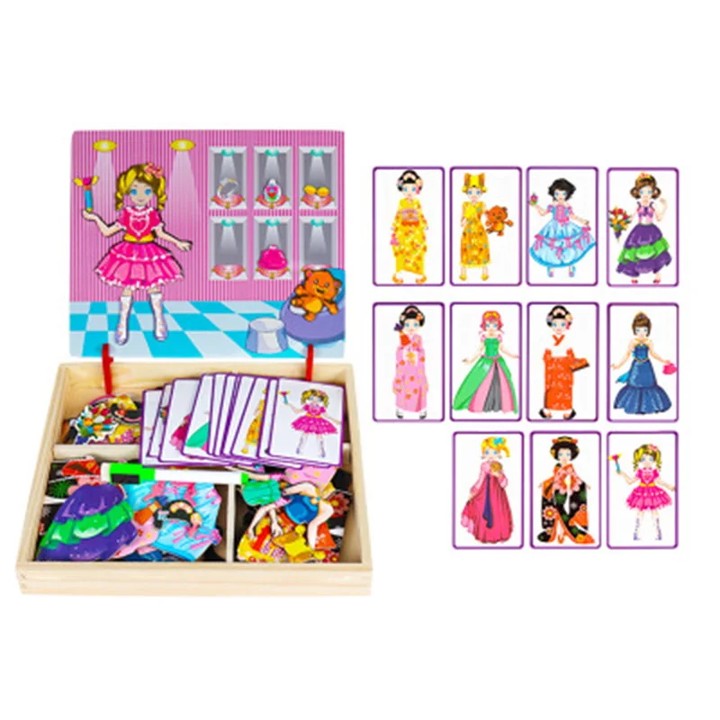 Educational Wooden Magnetic Toys Children 3D Puzzle Figure /Animals/Vehicle Drawing Board Learning Wood Toys For Kids Toys Gifts - Цвет: princess dressup