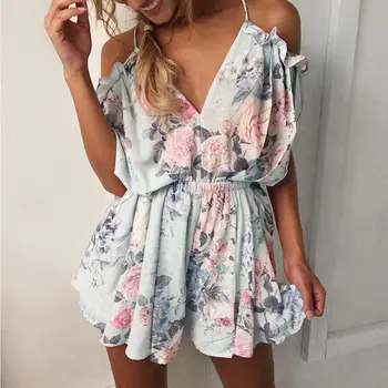 

women romper floral V-Neck jumpsuit summer backless bandage loose jumpsuit lady shorts beach lace up female overall