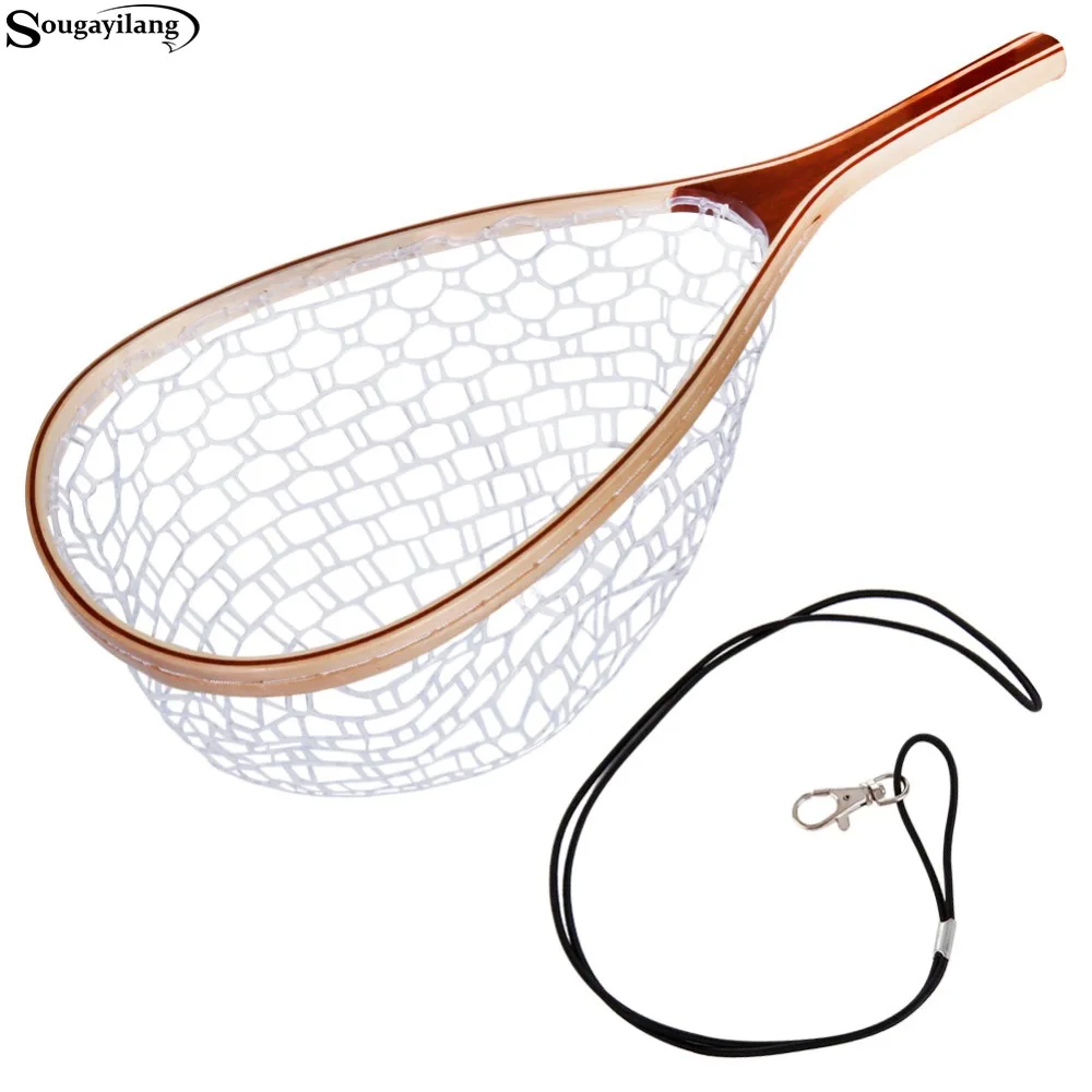 

Sougayilang Fly Fishing Net Mesh Soft Rubber Wooden Handle Rubber Landing Net Catch Net Lanyard Rope Magnetic Buckle Fishing