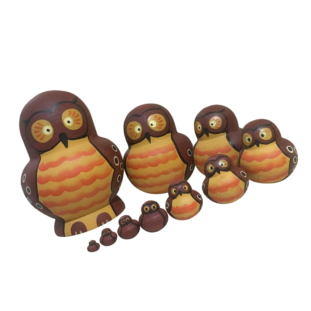 10 PCS Cute Cartoon Owl Pattern Handmade Wooden Russian Nesting Dolls For Kids Toy