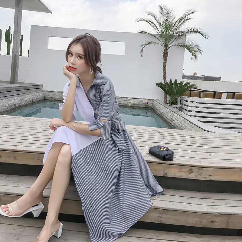 

Cold wind dress female summer dress 2019 new women's tide Korean version was thin in the dress irregular mosaic dress