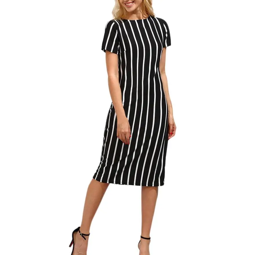

Elegant Mixed Stripe Dress Women Round Neck Short Sleeve Natural Waist Smock Dresses Summer Weekend Casual Dress #BF