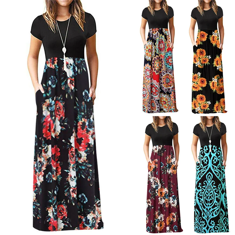 

Women Elegant Dress 2019 Summer Boho Floral Stripe Short Sleeve O Neck Maxi Long Shift Dresses Office Lady Work Dress Plus Size