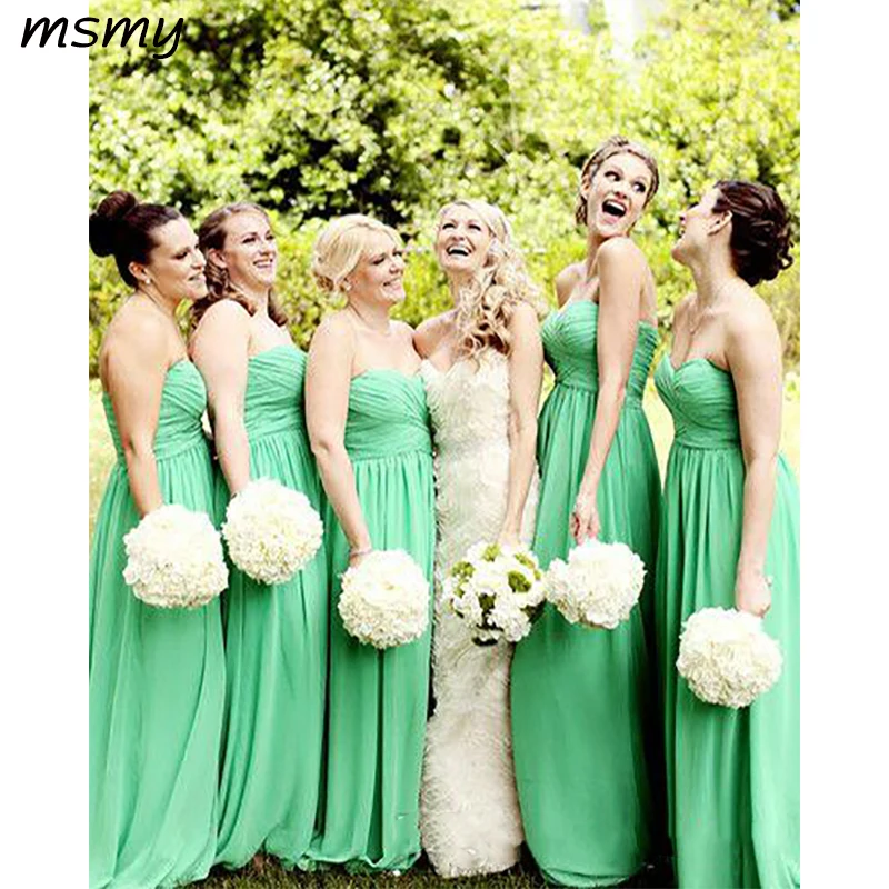 

New Bridesmaid Green Chiffon Bridesmaid Dresses Cheap Sweetheart Floor Length Wedding Party Gown Ruched Long Bridesmaid Dresse