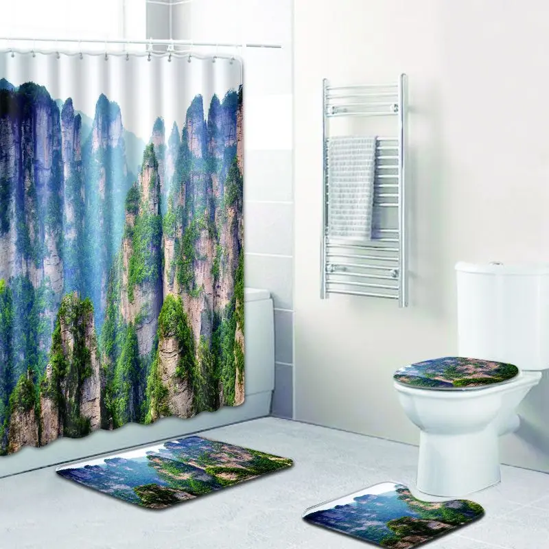 

4 Pc Cliff Landscape Shower Curtain Bath Mat Toilet Pad Set Flower Pattern Anti-slip Toilet Pattern Carpet Bath Ma