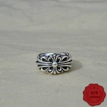 

100% 925 sterling silver ring personality retro fashion hip-hop style punk style cross flower domineering men's jewelry hot sale