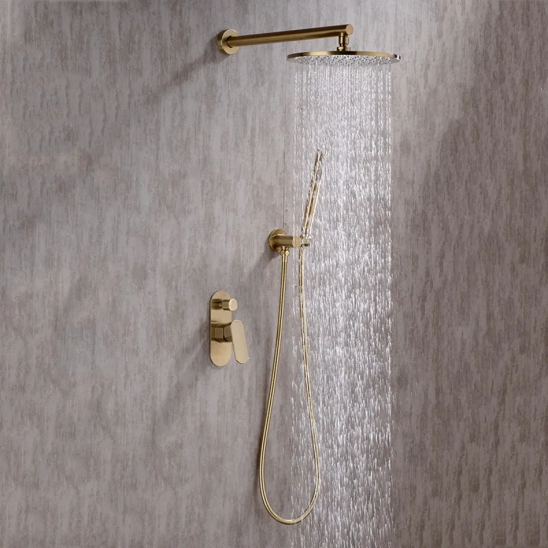Brushed Gold Shower Set, 2 Way Wall Mounted Concealed Rough In Valve, Hand Held Sprayer and Rainfall Shower Head, 8 or 10 Inch
