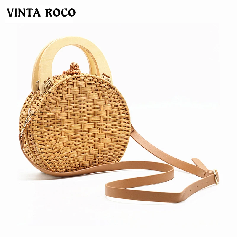 

Straw Handbag Wooden Rattan Hand-woven Women Top-handle Beach Bag Circular Knitting Wicker Shoulder Bags For Women Crossbody Bag