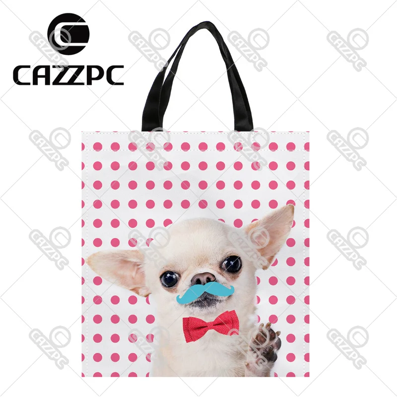 

Pink Dot cute Tiny Chihuahua Moustache Red Bow Tie Pattern Print Custom individual waterproof Nylon Fabric shopping bag gift bag