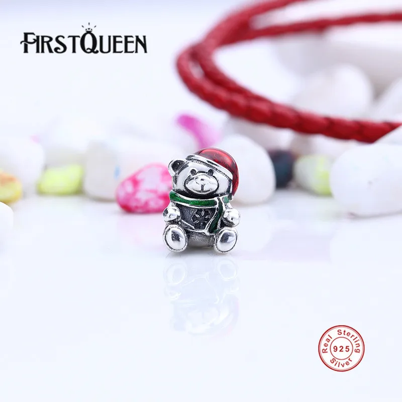 

FirstQueen 925 Sterling Silver Christmas Teddy Bear Red & Green Enamel Charm Bead Fit Bracelet Original Jewelry E