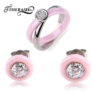 

New Romantic Pink Silver Ceramic Jewelry Sets For Women Crystal Stud Earrings Double Circle Rings Rotatable Trendy Cute Jewelry