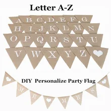 Personalizar fiesta bandera, letra A-Z No.0-9 Diy yute arpillera empavesado banderas Candy Bar decoración de la boda Favor de la ducha de bebé