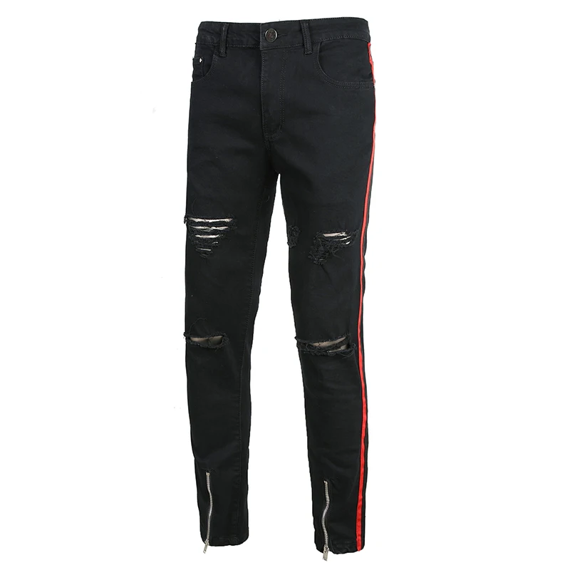 Sokotoo Мужские красные, черные рваные джинсы в полоску в стиле пэчворк облегающие джинсы на молнии с дырками потертые Стрейчевые джинсы