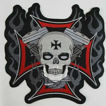 

9.5" XXL SKULL ON IRON CROSS & PISTONS BACKPATCH Rider Rock Heavy Metal biker vest Costume Embroidered jumbo patch