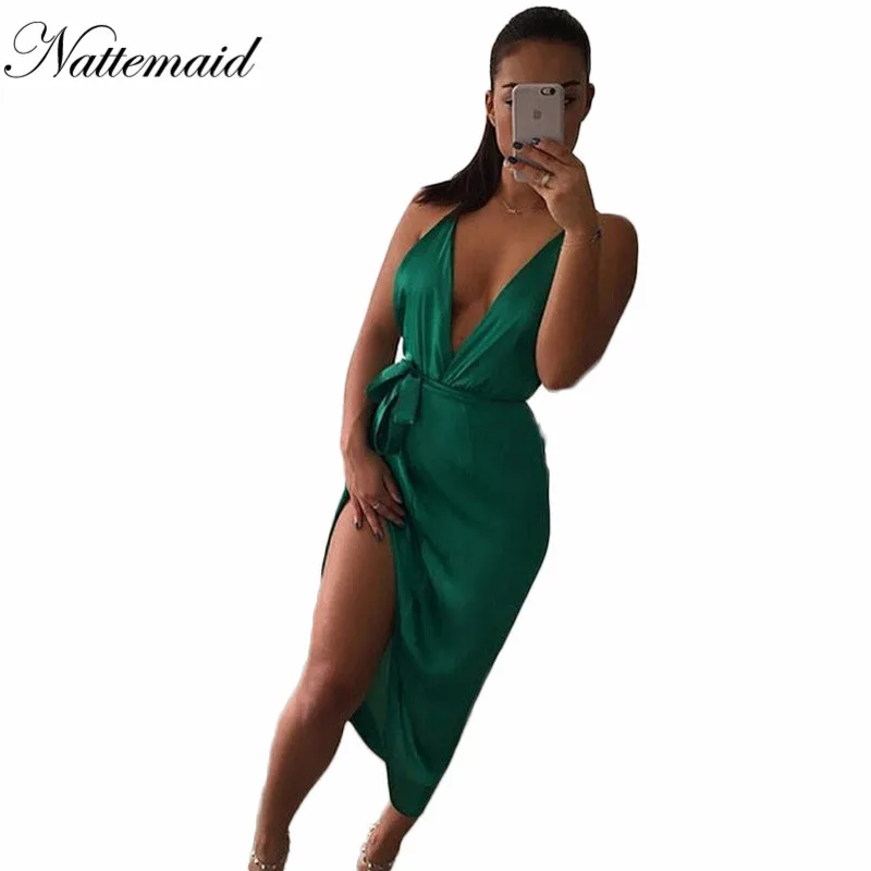 

NATTEMAID Party night Green dress satin Split Blackless dresses Fashion Women Sexy Club off Sleeveless vestidos free shipping