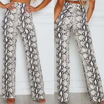 

2019 Women Casual High Waist Baggy Pants Lady Serpentine Pattern Hippie Wide Leg Long Trouser New Fashion Style