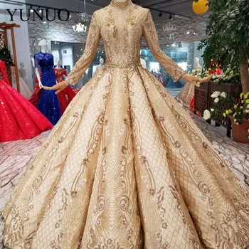 شراءYuNuo 2019 جودة الملكي الفاخرة فستان الزفاف أنيقة جميلة الكرة ثوب طويل الأكمام عالية طوق الطابق طول الرباط حتى العودة
