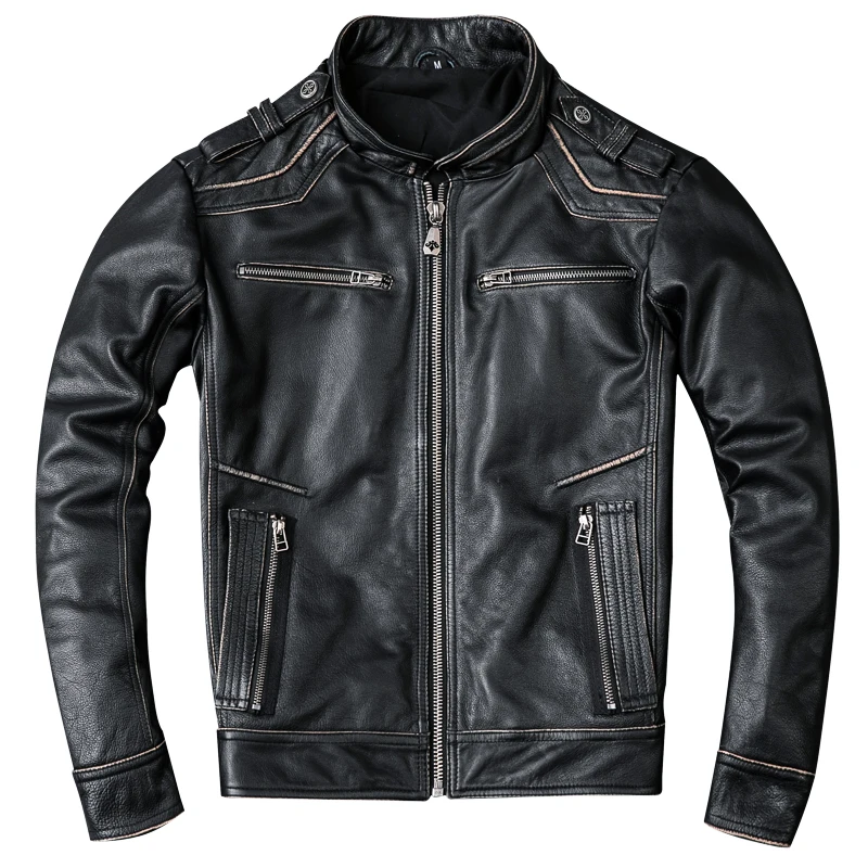 RETRO VINTAGE BLACK MEN CROSS GENUINE COW LEATHER JACKET