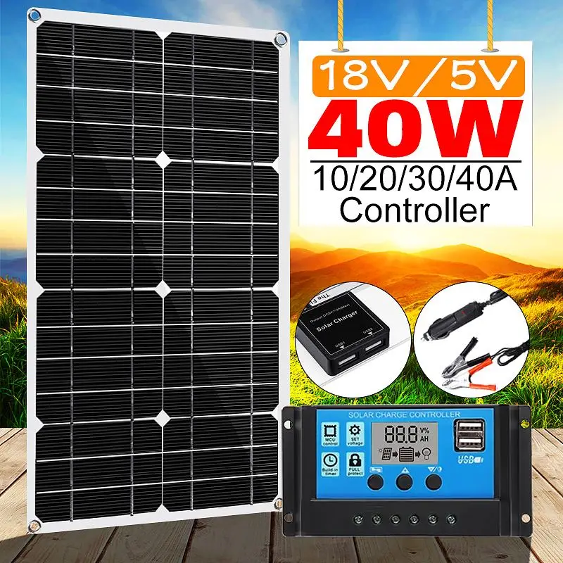 

40W solar panel 18V Double USB With 10/20/30/40/50A Dual USB Solar Panel Regulator Controller ect for car yacht RV Lights Charge