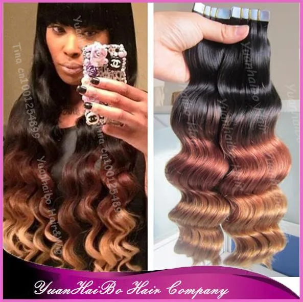 

Best Quality 7A! three tone #1b/33/27 peruvian loose wave virgin skin weft ombre tape hair extensions, 300gram, free shipping