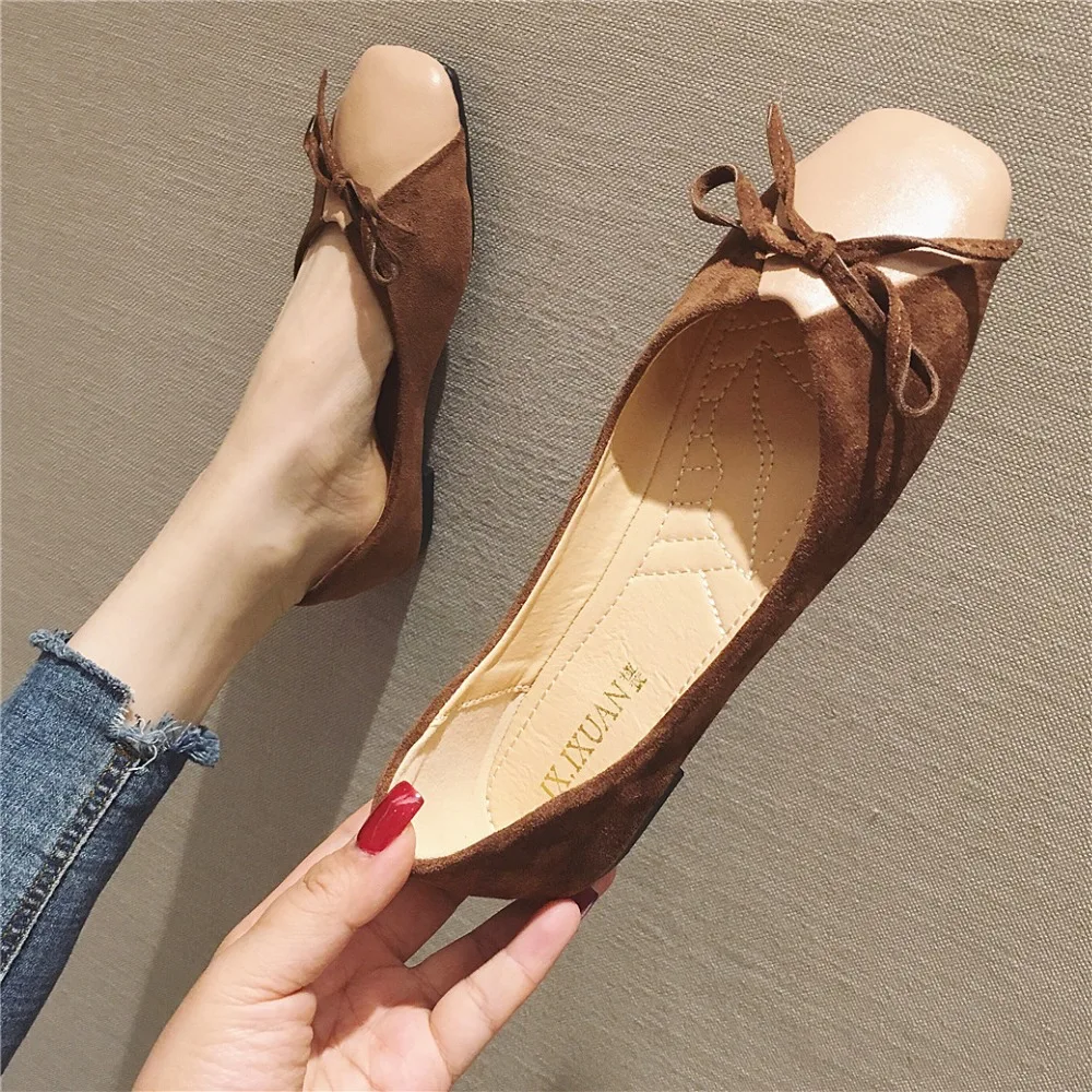 

Lace-Up fashion flat Rubber women Basic Butterfly-knot comfortable soft new Shallow Slip-On Square Toe Casual spring PU 2019