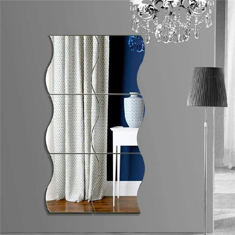 1 Set 6 Pcs Mirror Wall Stickers 3D Acrylic Mirrored Decorative Sticker Waterproof Home Decor DIY Art Wave Mural l1207 | Дом и сад