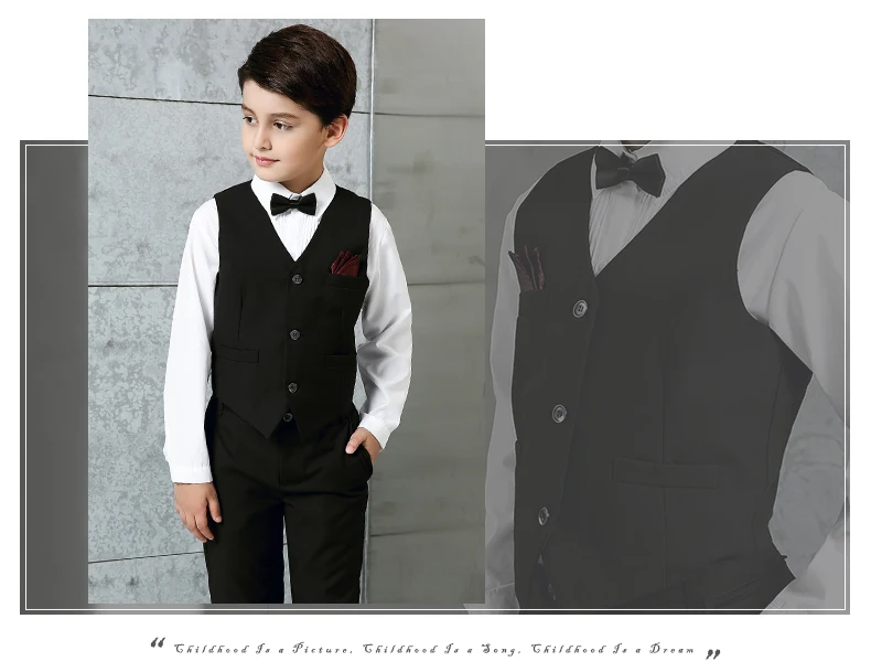 Торжественные костюмы для мальчиков на свадьбу, английский стиль, черные вечерние смокинги для мальчиков, торжественные костюмы для мальчиков, жилет+ брюки+ рубашка+ галстук, От 4 до 14 лет