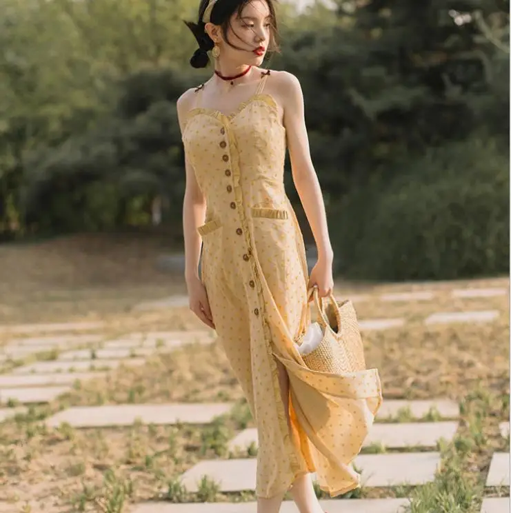 

Vintage Spaghetti Strap Dress Yellow Polka Dot Cotton Linen Long Dress Single-breasted Sundress Vestidos with Pocket