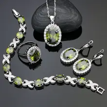 Оливково-зеленый камень белый кристалл 925 серебряные ювелирные наборы для женщин вечерние аксессуары серьги/кулон/Кольцо/браслет/ожерелье набор