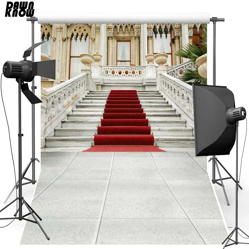 DAWNKNOW Castle Vinyl cloth Photography Background Stair Red Carpet New Fabric Flannel Backdrops for Wedding photo studio S1776