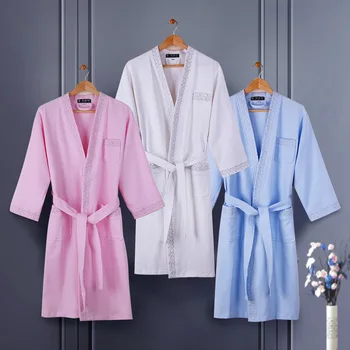 

Waffle Cotton bathrobe women nightgown sleepwear for women men blanket towel lovers long super soft robe spring summer