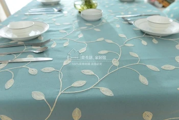 

floral Countryside Embroidery round tablecloth fabric sky blue round table cloth cover rectangle pastoral leaves natural