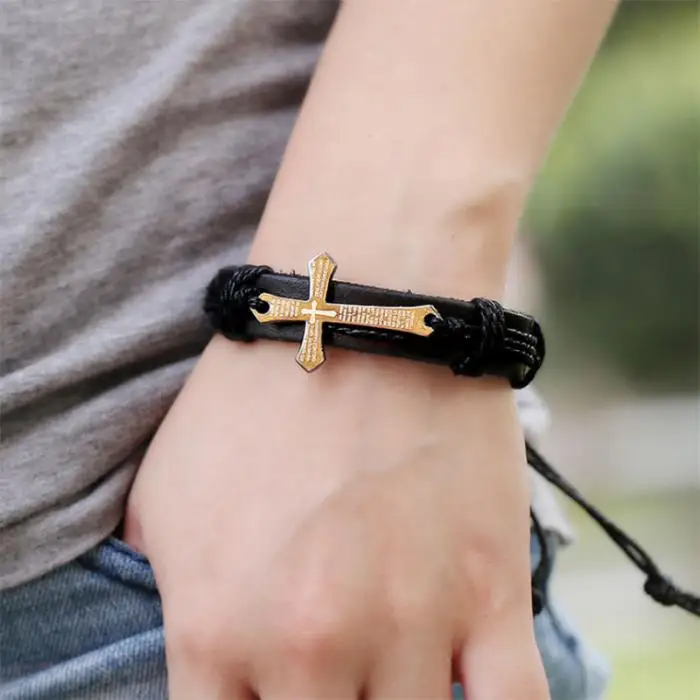 Мужской браслет из искусственной кожи вязаный обертывание на шнуровке Крест Шарм для браслета, украшения 8 LL@ 17
