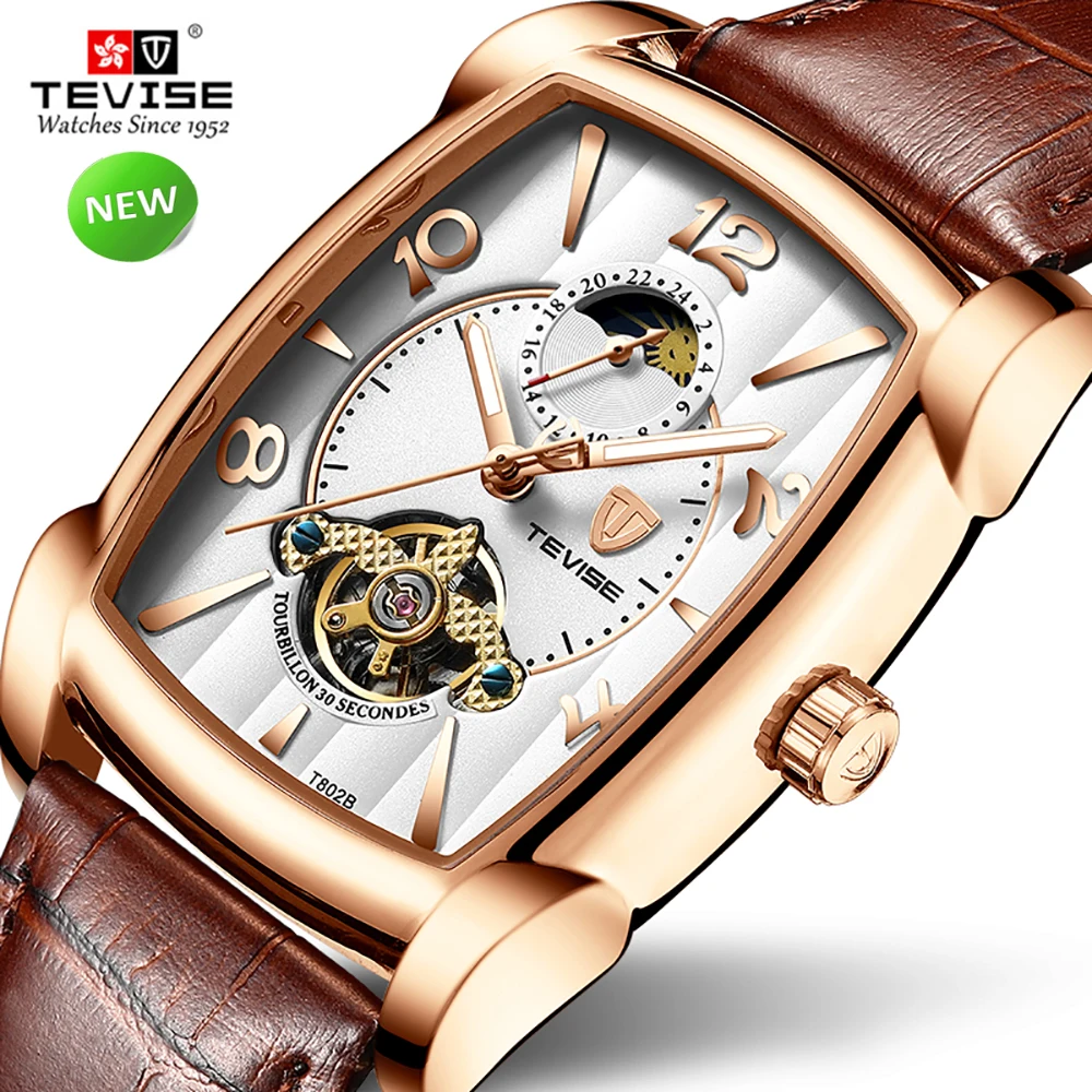 TEVISE T802B الأعمال ساعات آلية رجل التلقائي ووتش الرجال الجلود حزام الذكور ساعة اليد الهيكل العظمي ووتش ساعة relogios