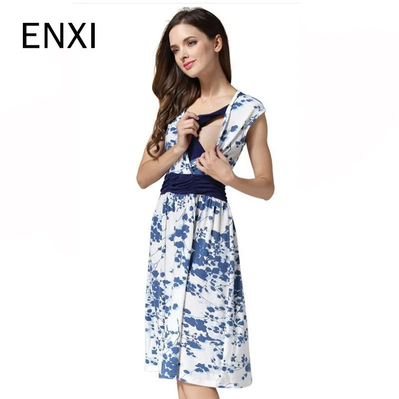 

ENXI 2019 New Like The Blue And White Porcelain Maternity Dresses Floral Print Pregnancy Breastfeeding Dress