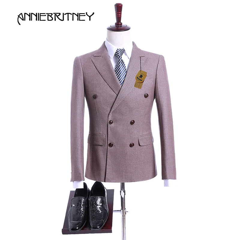 2018 Brown Stripes Suit Men Costume Mariage Homme Slim Fit Tuxedo Groom 2 Piece Double Breasted Suit Blazer Prom Wedding Suits