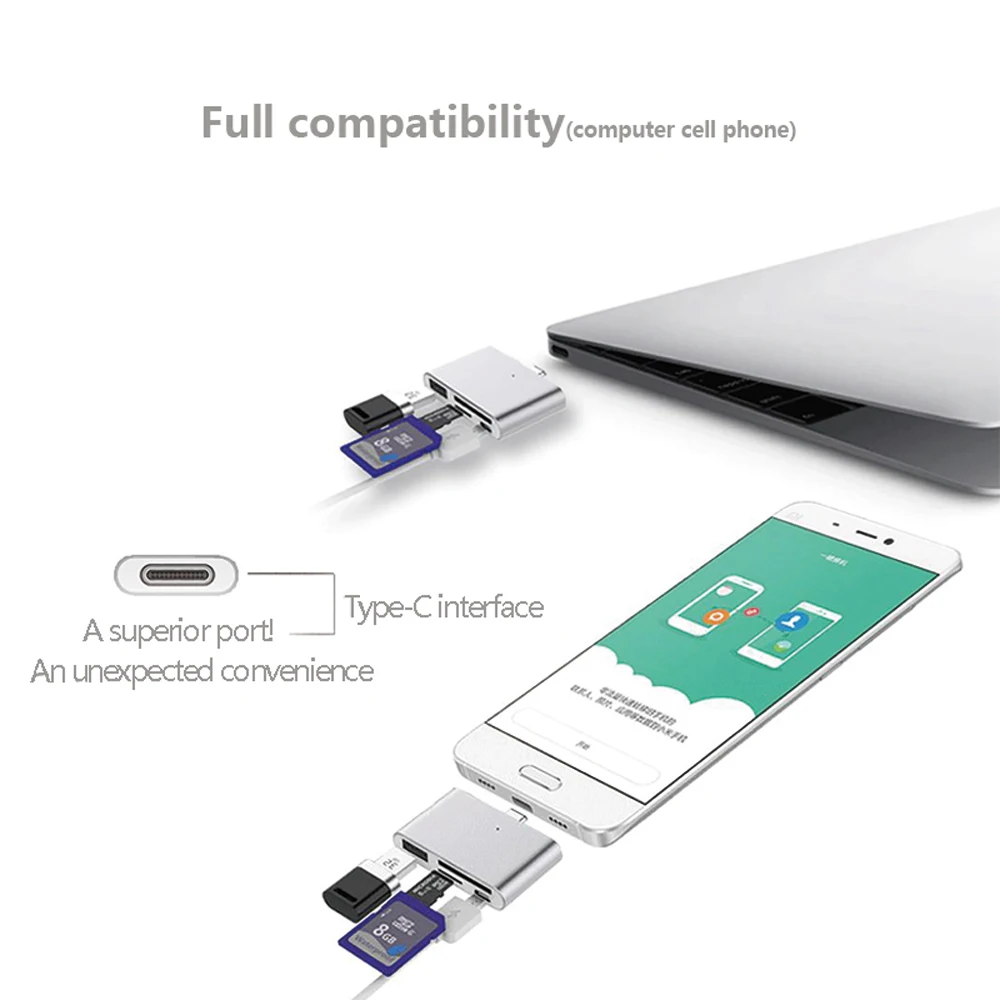 USB to Type-C Adapter with SD TF Card Reader, Mini Aluminum USB-C Hub OTG Reader 4 in 1 for Laptop Tablet Smartphone USB to Type-C Adapter with SD TF Card Reader, Mini Aluminum USB-C Hub OTG Reader 4 in 1 for Laptop Tablet Smartphone