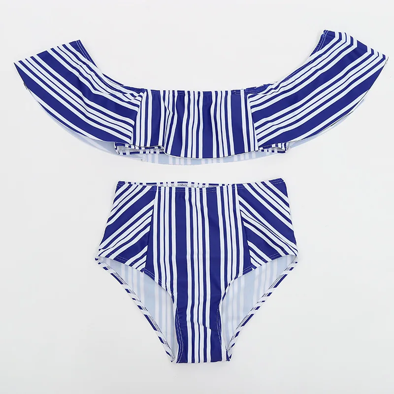 

Women Off Shoulder Ruffled Flounce Bikini Set with Print Bathing Swimsuit