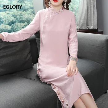 

High Quality Brand Qipao Dress 2019 Autumn Vintage Party Pink Yellow Dress Women Lurex Embroidery Mid-Calf Dress Robe Femmes XXL