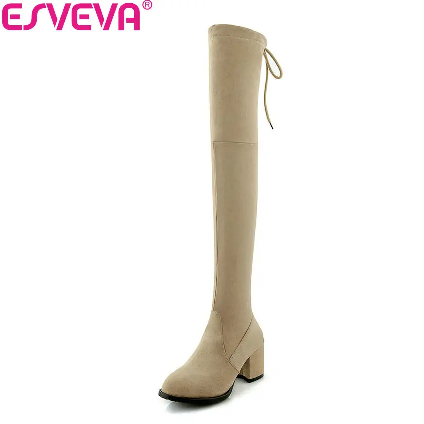 

ESVEVA 2019 Women Boots Lace Up High Heels Round Toe Square Heels Shoes Woman Over The Knee Boots Solid Winter Shoes Size 34-43