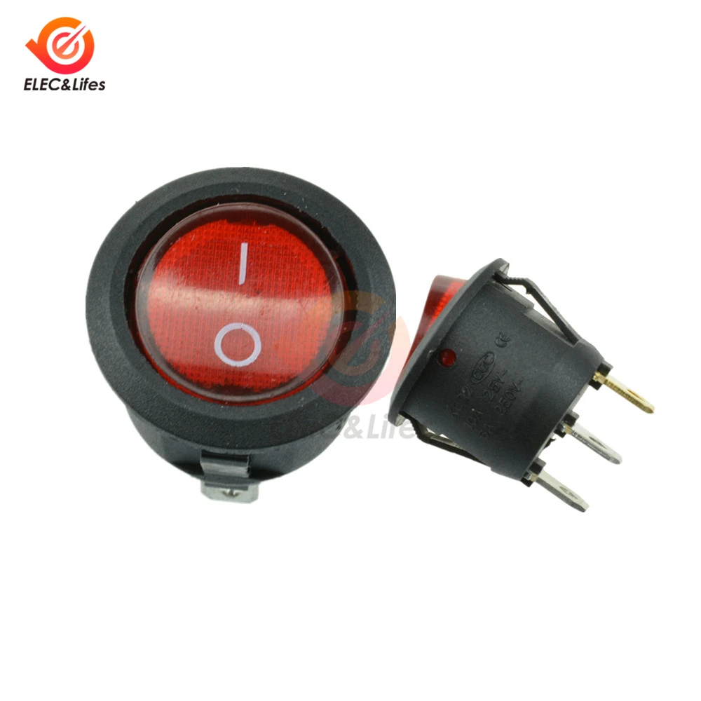 

5Pcs AC 250V/125V 6A/10A 3 Pin mini Round Push Button Switch On-Off SPDT Rocker Switch Red LED Light Indicator Embedded switch