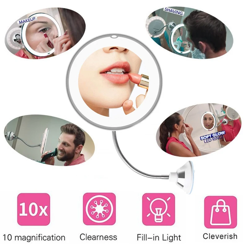 

360 Degree Rotation 10X Makeup Mirror Magnifying Flexible Mirror Bathroom Folding Vanity Mirror with LED Light Makeup Tools