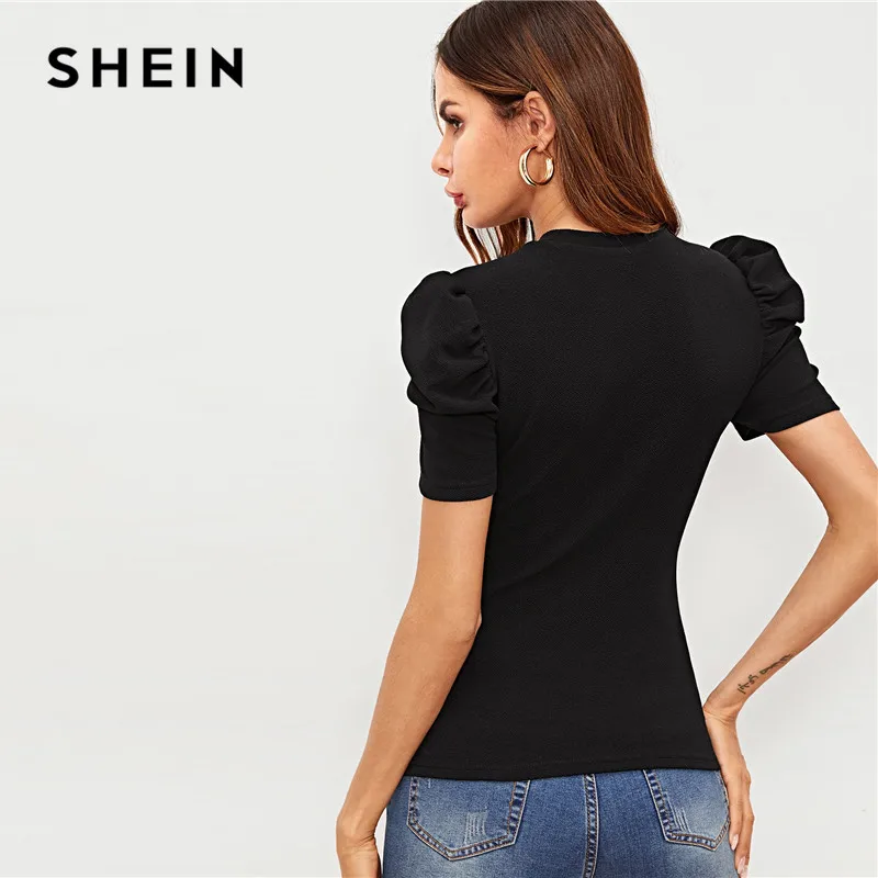 SHEIN أسود نفخة كم زرر محكم المحملة السيدات أنيقة عادي قمم 2019 الصيف الشارع الشهير قصيرة الأكمام النساء قمصان