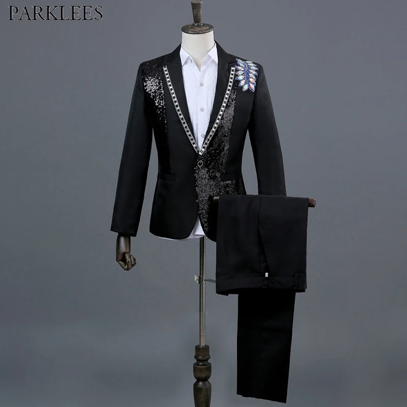 Buy Black One Button Diamond Embroidery Sequin Suit Men Brand Slim Glitter