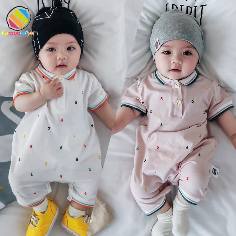 

Lemonmiyu Summer Short Baby Rompers Print Letter Jumpsuit Short Sleeve Toddler Buttons Coveralls Newborn Turn-Down Collar Outfit