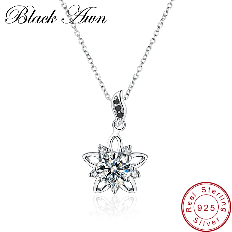 

[BLACK AWN] Genuine 925 Sterling Silver Jewelry 1.3Ct Flower Black Spinel Stone Necklace for Women Necklaces Pendants P027