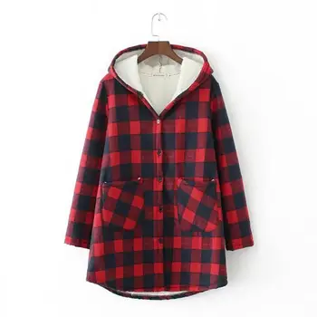 

D5 Winter Casual Shirts 3XL Plus Size Women's Clothing Loose Thick polyester sherpa hooded Plaid outerwear D7025