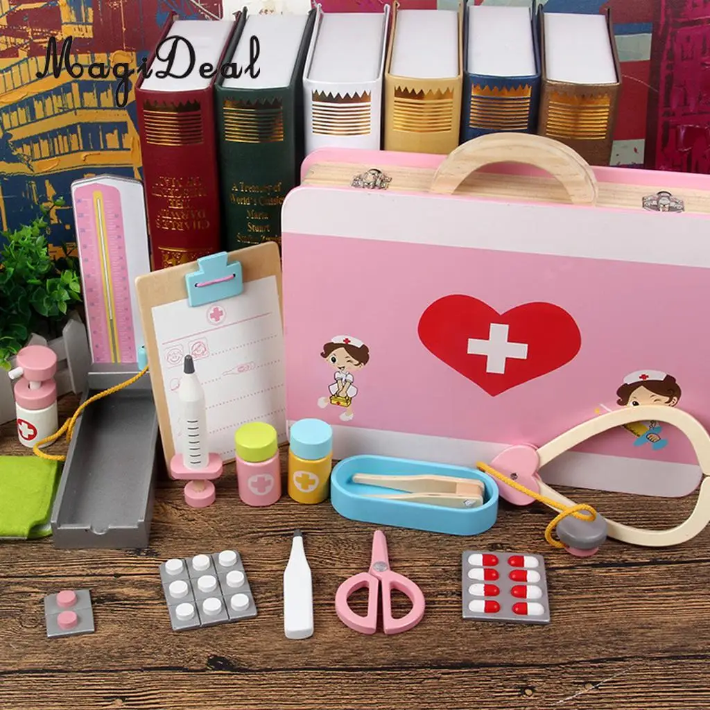 15 Pieces Wooden Medical Kits Box Carry Case Doctor Nurse Game Role Playing Set Kids Toy Educational