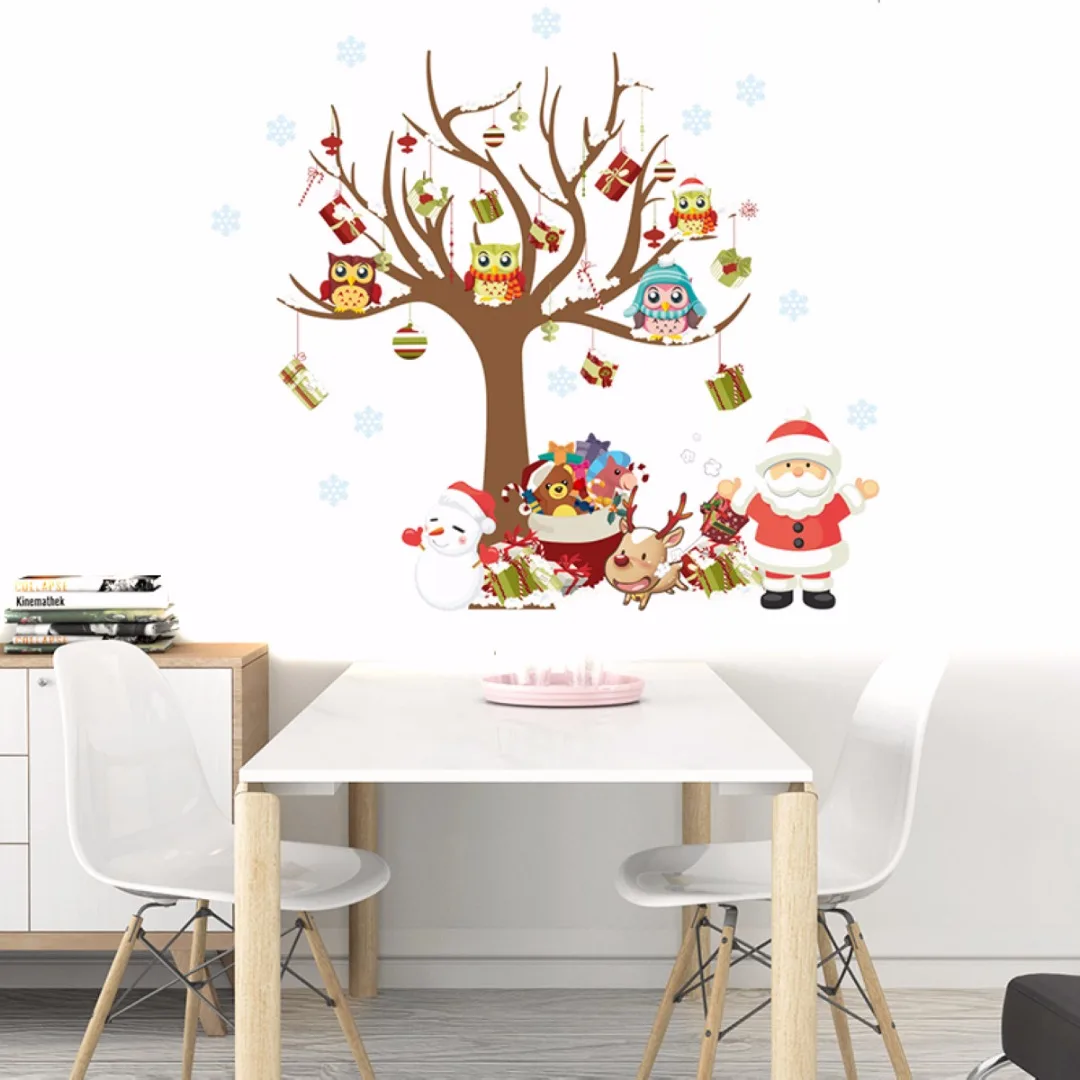 1pc 800*800mm Christmas Owls Tree Shop Window Wall Art Stickers Sticker Vinyl Home Decoration