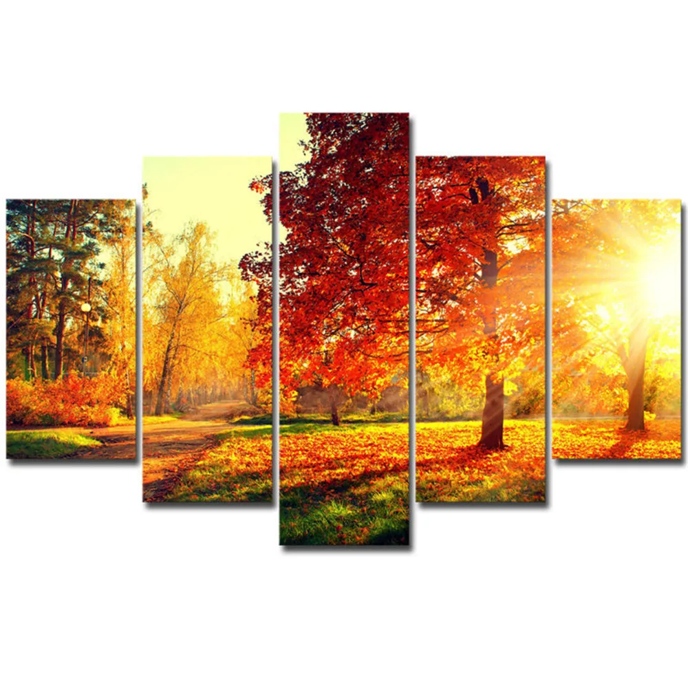 

5 Pieces Canvas Painting Wall Pictures For Living Room Home Decorations Fall Forest Modular Poster Art Prints Oil Paintings Gift